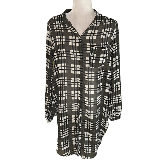 ASTR the Label Brown Black Gray Plaid High Low Chiffon Tunic Top Shirt - S - Picture 1 of 11